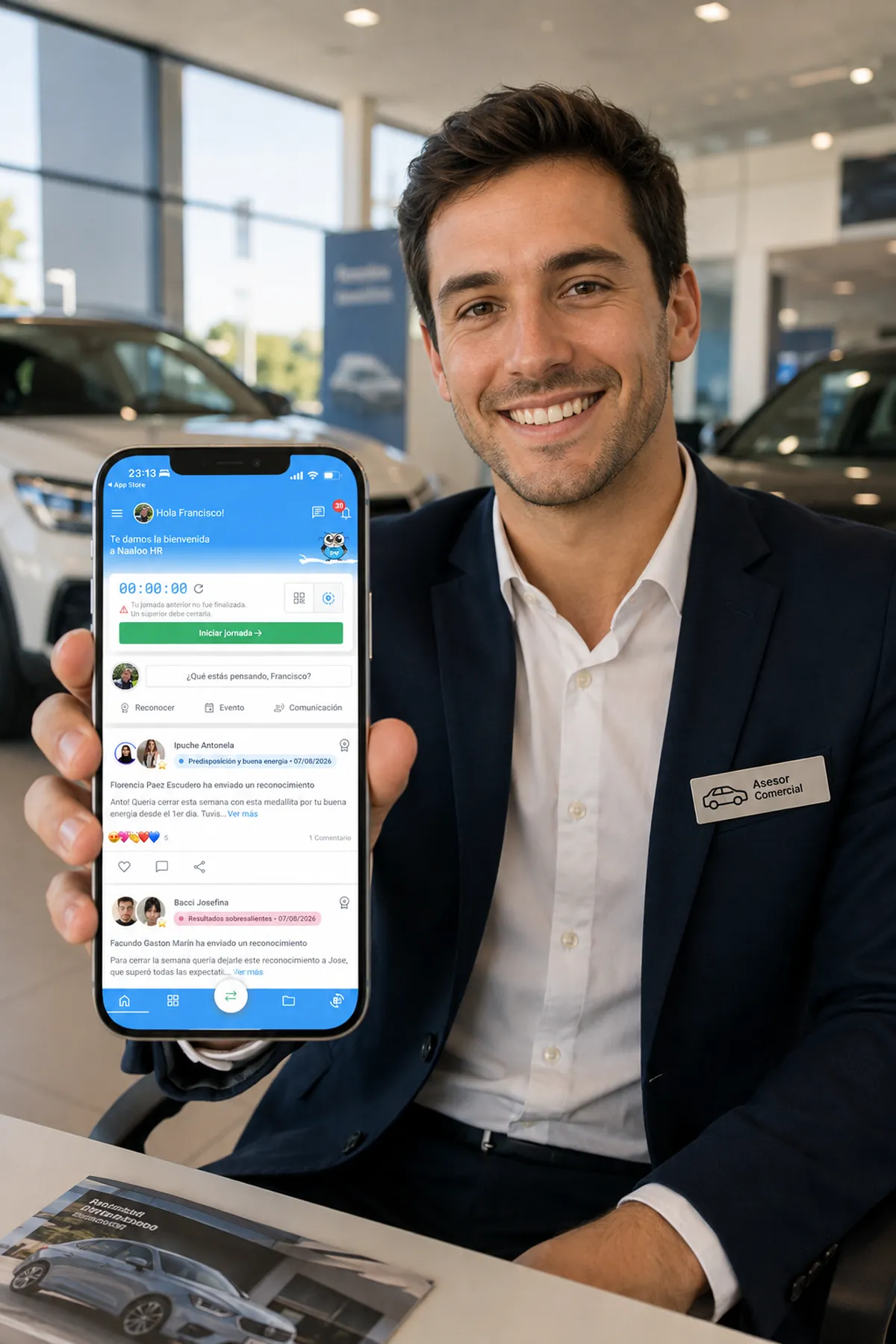 Colaborador mostrando la app de Naaloo en su celular con el feed y el fichaje de la jornada