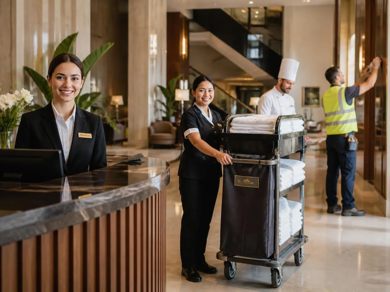 Equipo de un hotel: recepción, housekeeping, cocina y mantenimiento trabajando en el lobby