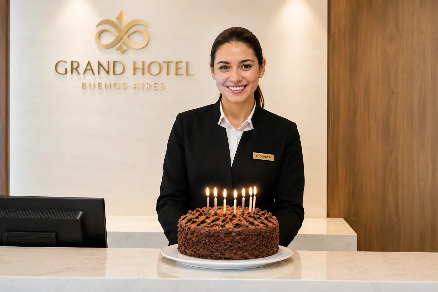 Laura sonriendo en la recepción del hotel junto a una torta sorpresa preparada por sus compañeros