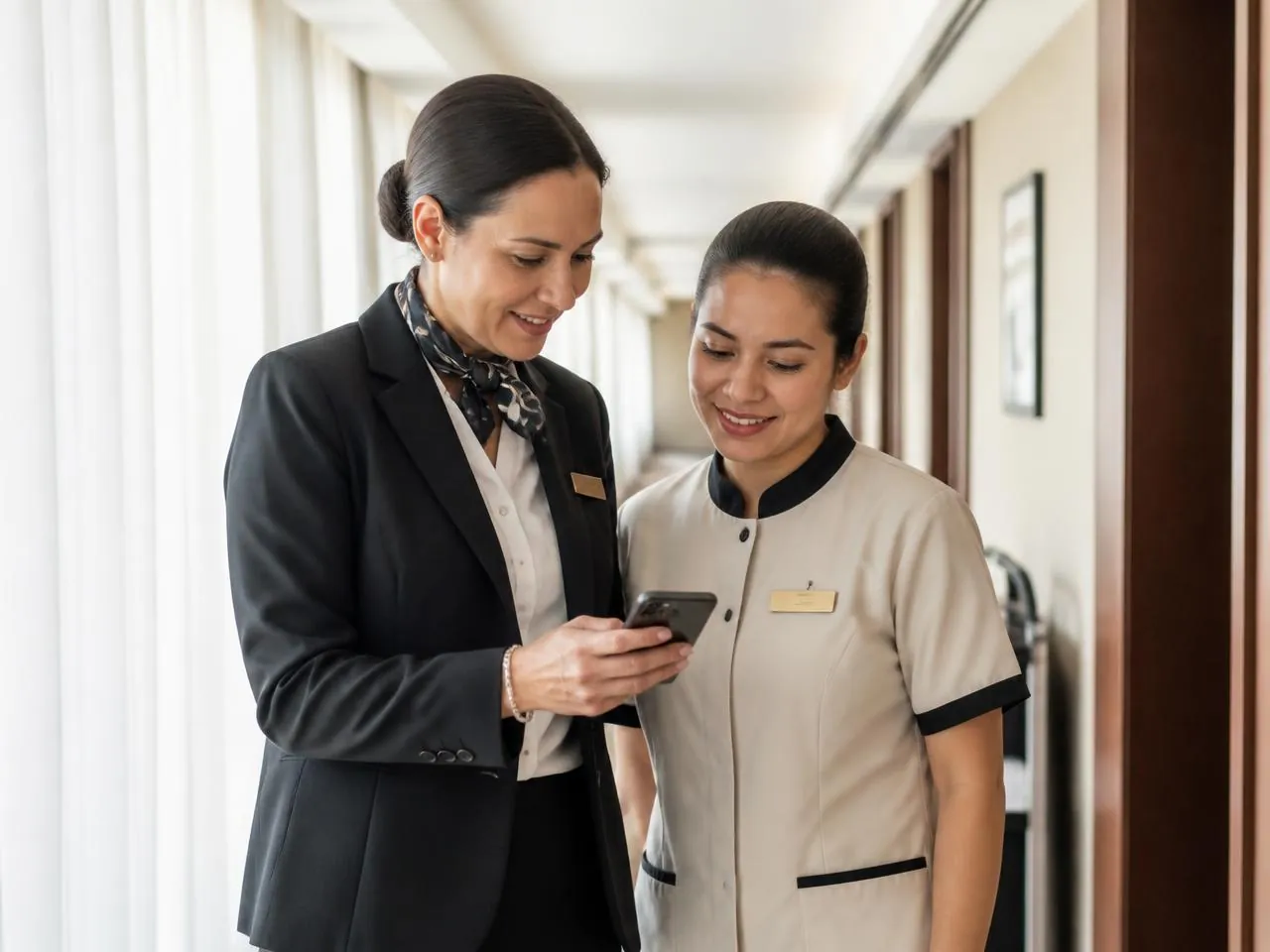 Supervisora de housekeeping y camarera de pisos revisando una notificación en el celular