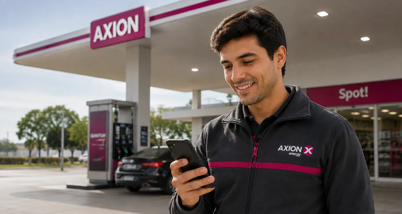 Empleado de estación de servicio Axion usando la app de Naaloo en su celular
