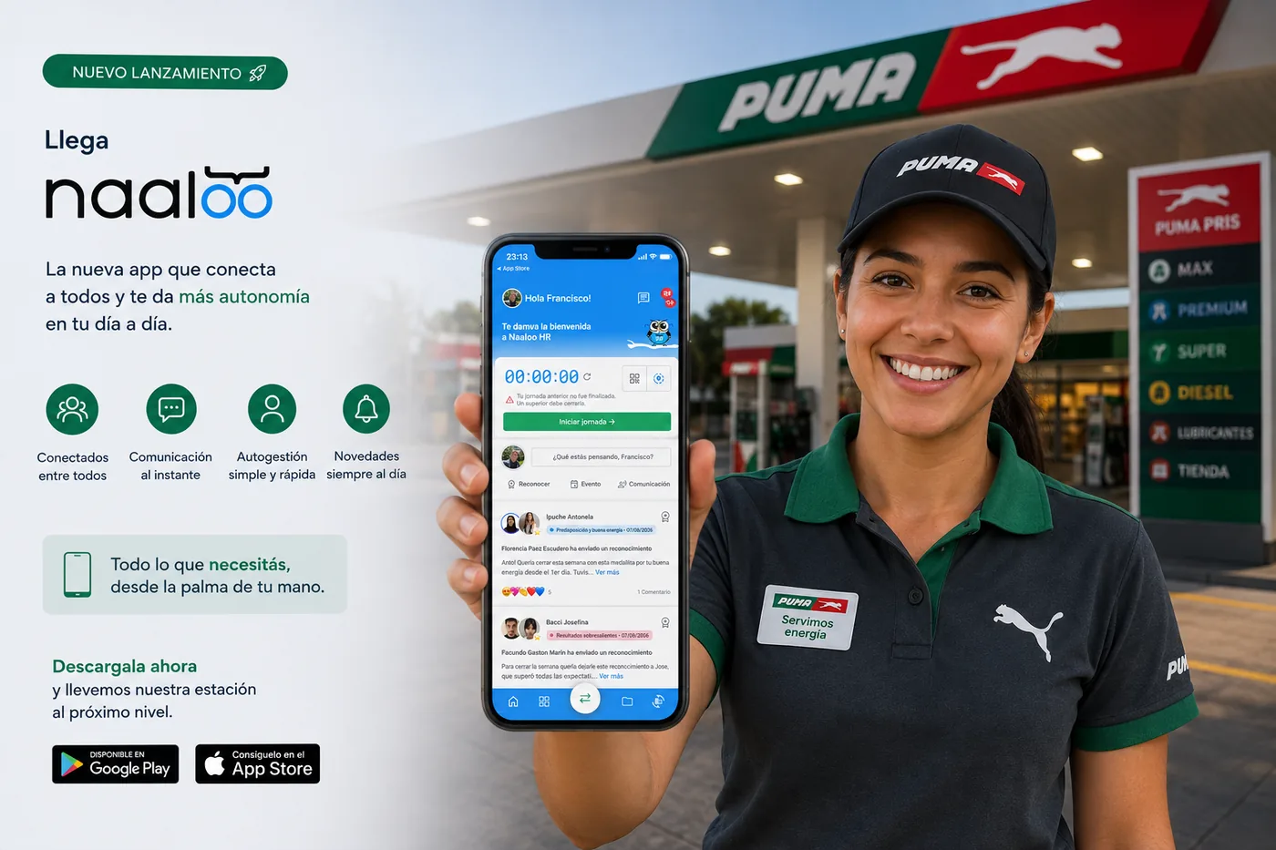 Playera de estación de servicio mostrando la app Naaloo en su celular
