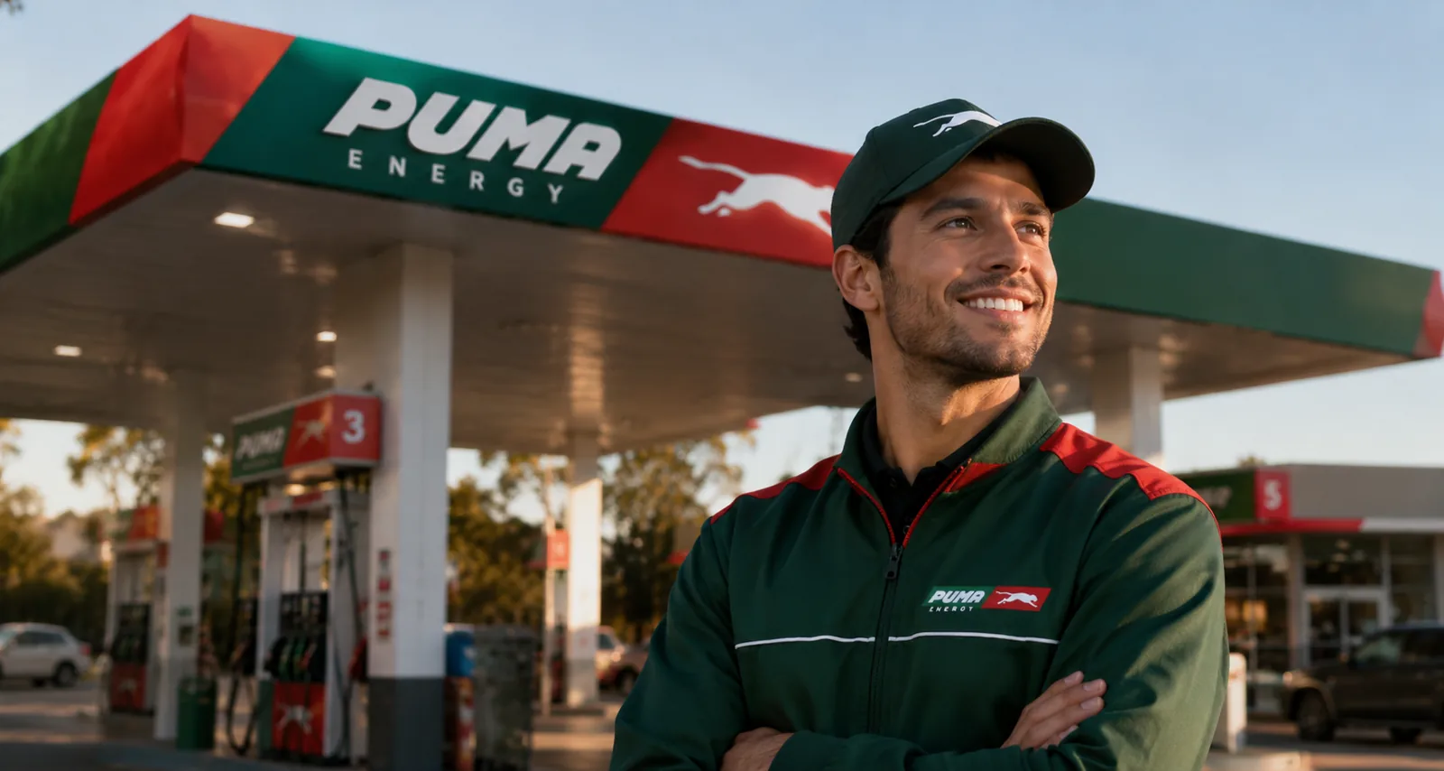 Playero sonriente de estación de servicio Puma Energy frente a los surtidores