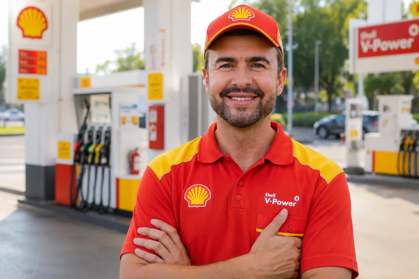 Mariano López sonriendo en el lubricentro de la estación de servicio, con su planilla de control de servicio en la mano