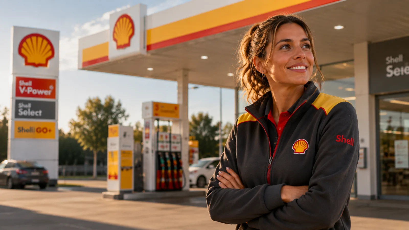 Empleada sonriente de estación de servicio Shell frente a los surtidores