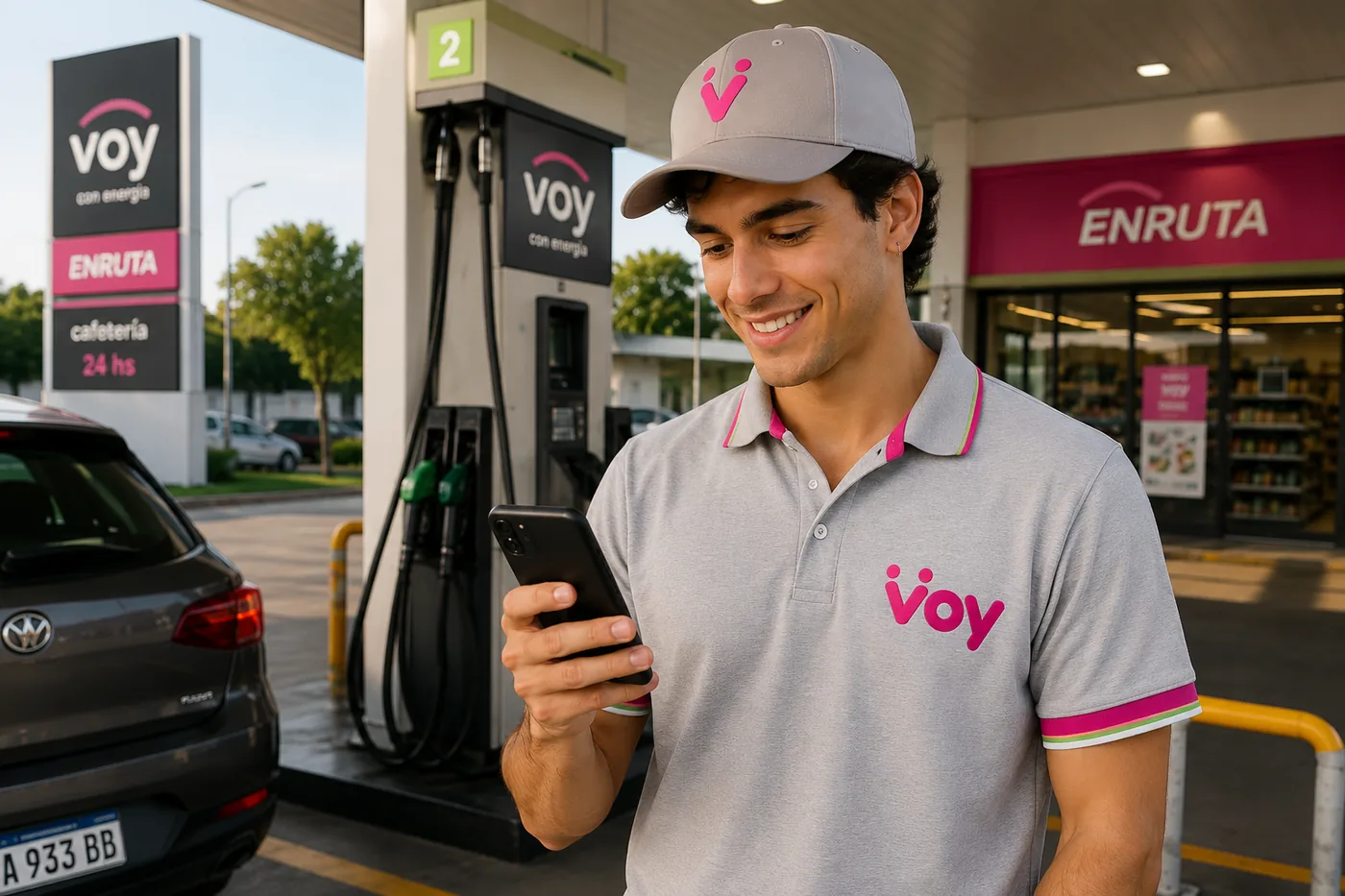 Colaborador mostrando la app de Naaloo en su celular con el feed y el fichaje de la jornada